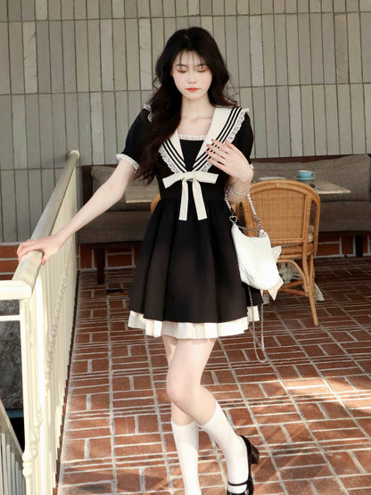 Elegant Cute Girl Women Classic Lace Navy Sailor Collar Short Black Summer Dress