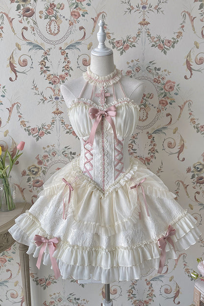 White Pink Sweet Fairycore Princess Halter Neck Suspender Corset Bow Ribbon Dress