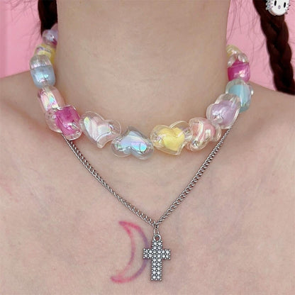 Y2K Harajuku Double Layer Cross Rainbow Colorful Stars Hearts Beads Necklace