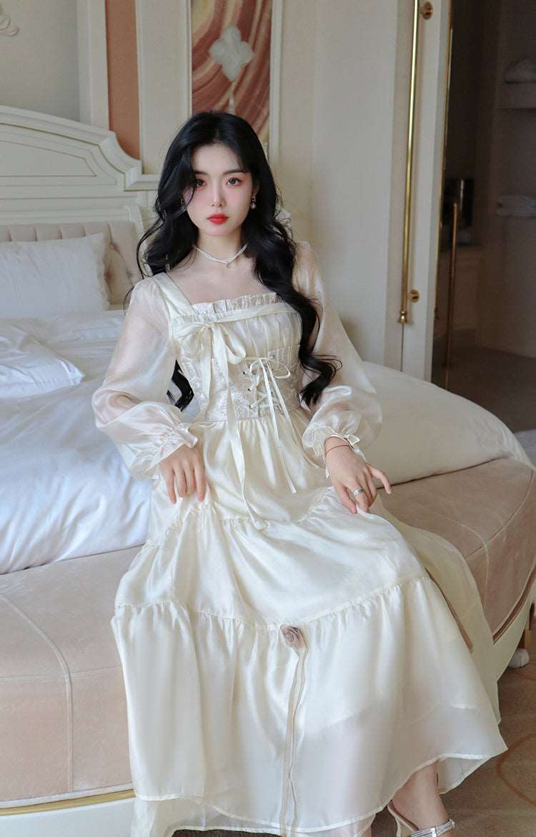 French Elegant Delicate Rose Princess Embroidery Jacquard Satin Soft Cream Long Sleeve Dress