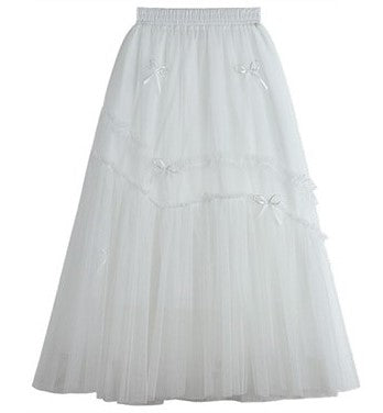 Princess Fairytale Stitching Bow White Cream Pink Black Long Gathered Skirt