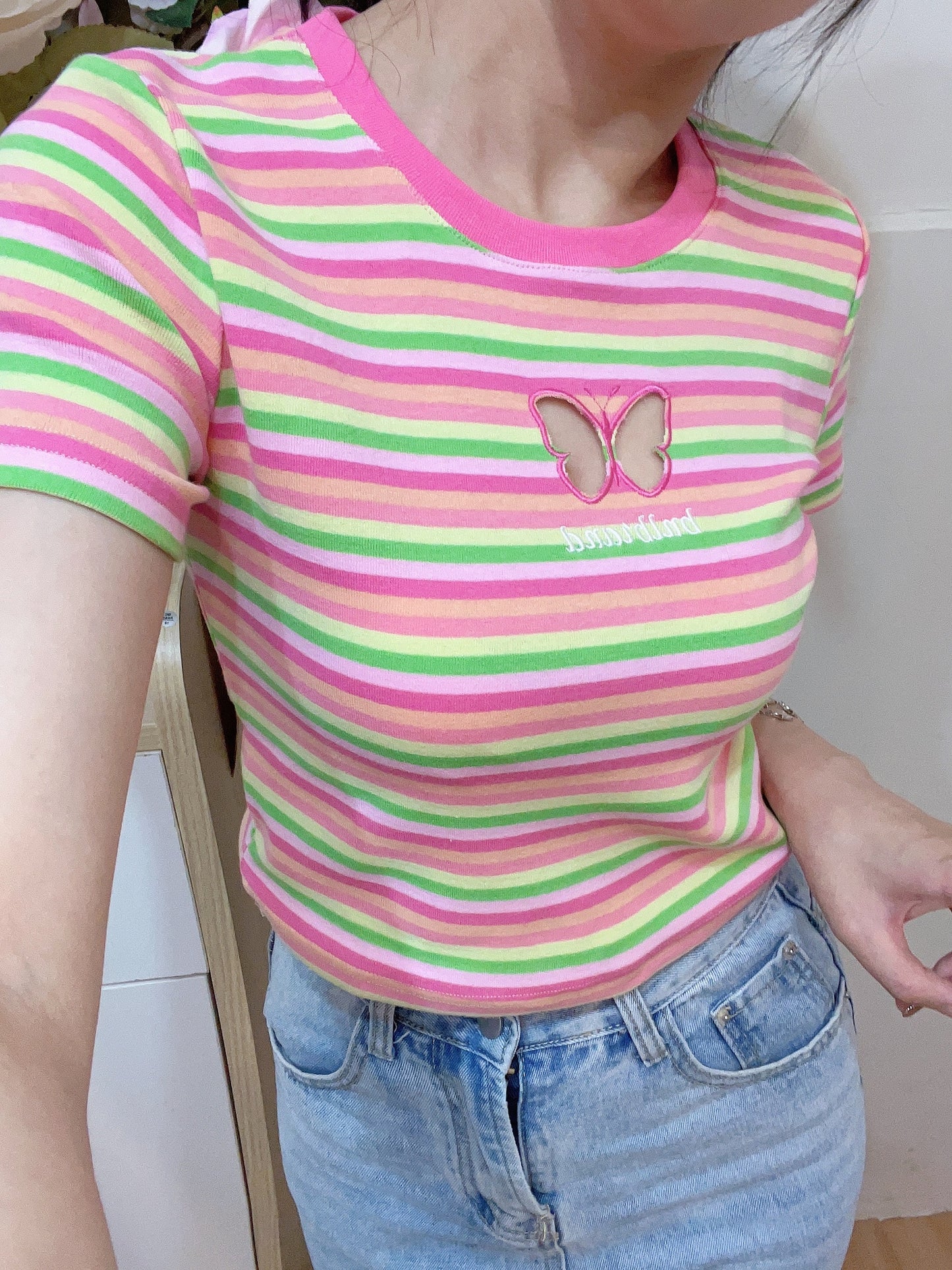 Y2K Stripe Pink Butterfly Crew Neck Cute Sweet Summer T-shirt