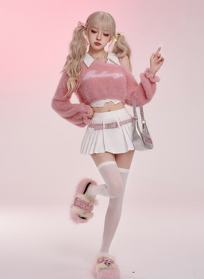 Serendipity Autumn Ice Cream Berry Fuzzy Pink Sweater & White Top & Pleated Skirt Three Piece Set