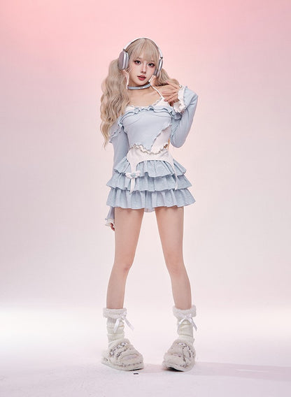 Serendipity Sea Salt Ruffled Pastel Blue Shirt Top & Skirt Two Piece Set