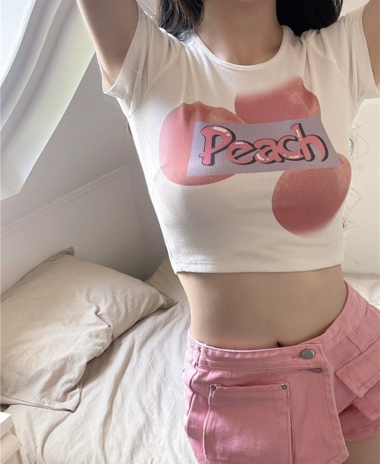 Sexy Girl White Pink Peaches High Waist T-shirt Top