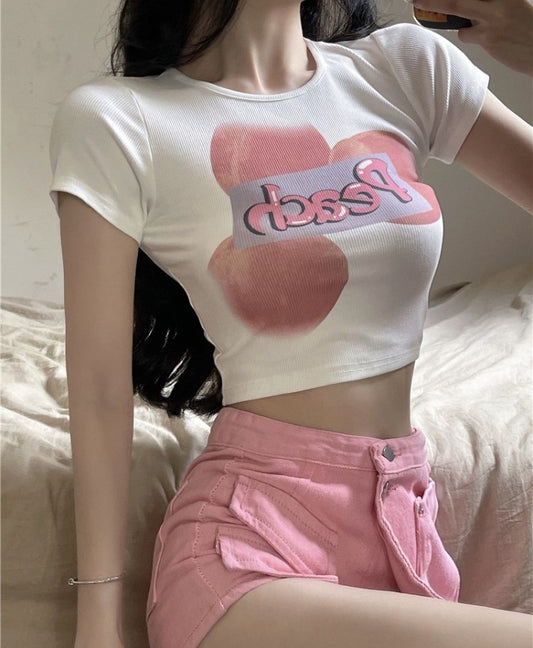 Sexy Girl White Pink Peaches High Waist T-shirt Top