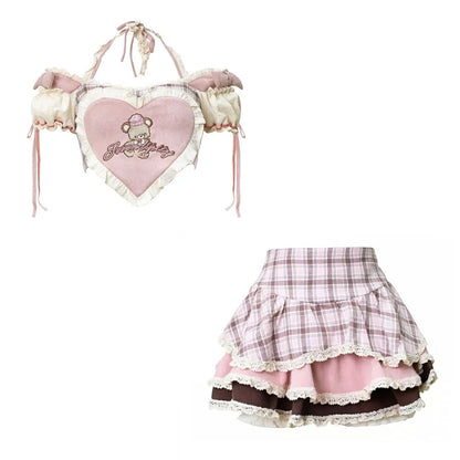 Serendipity Coquette Cute Teddy Bear Three Colors Pink Brown Camisole Top & Plaid Mini Skirt Maid Two Piece Set