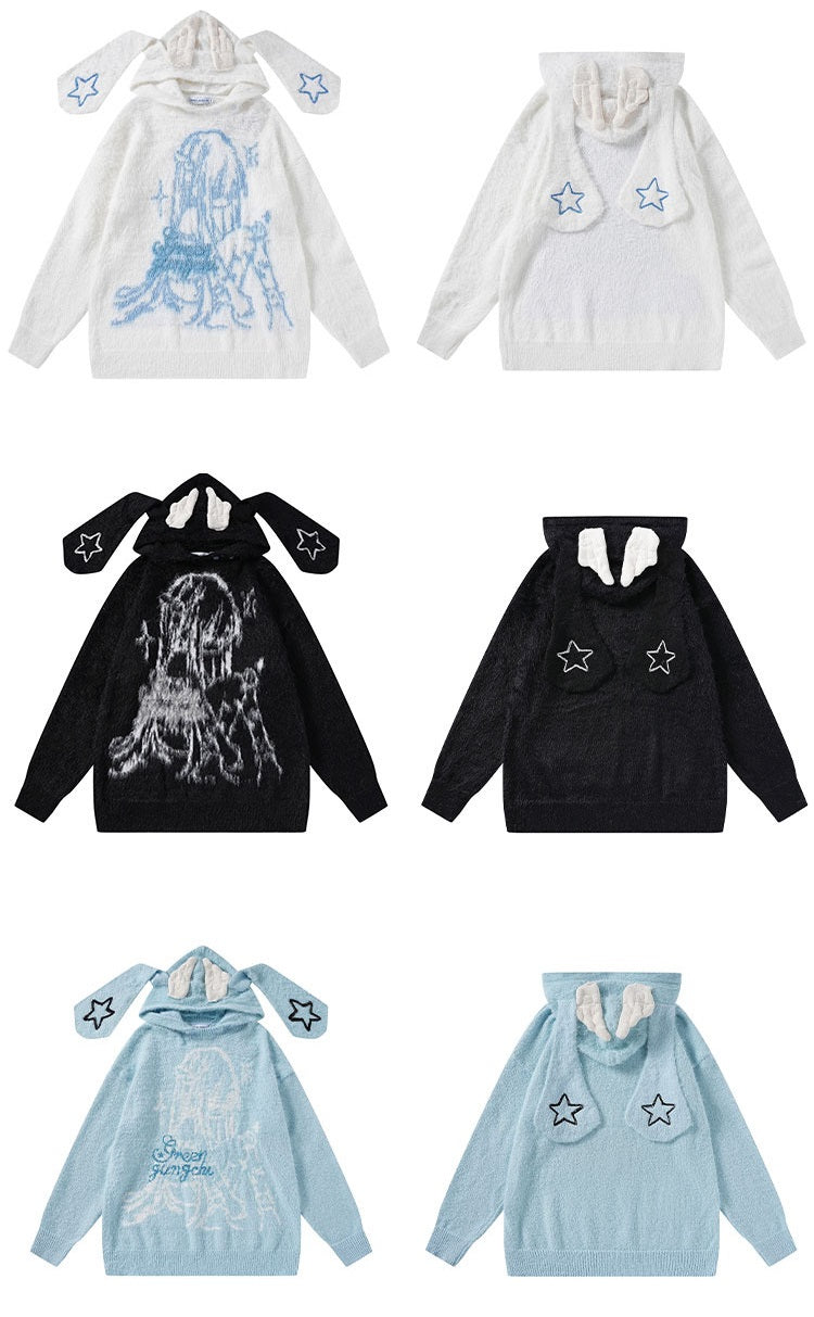 Young Eyes Star Wings Anime Girl Blue White Black Fuzzy Rabbit Ears Hoodie