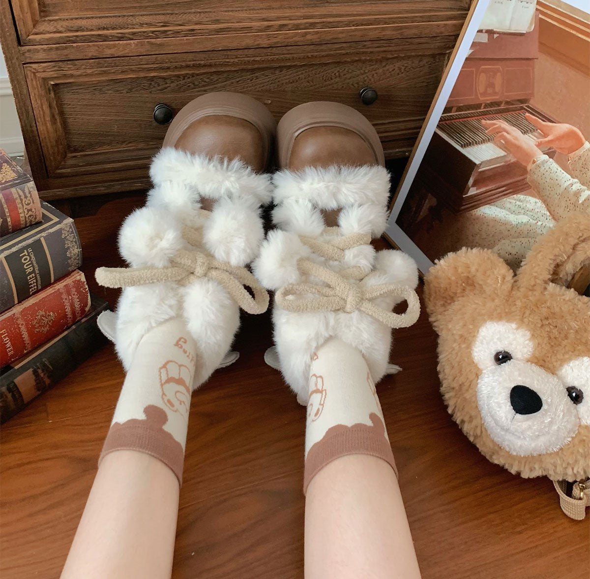 Puffy Sheep Lolita Fluffy Cupid Cute Pompom Balls Winter Fur Velvet Cotton Shoes Snow Boots