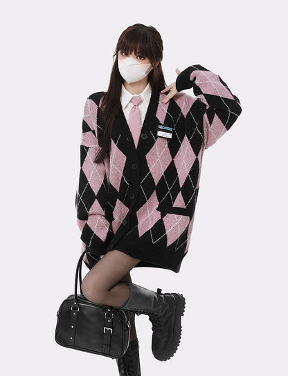 Monet Strawberry Toffee Pink Black Argyle Cute Fall Winter Cardigan