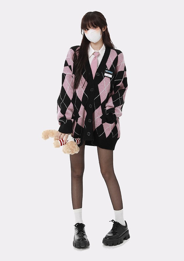 Monet Strawberry Toffee Pink Black Argyle Cute Fall Winter Cardigan