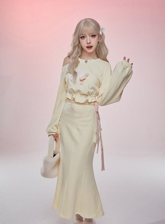 Serendipity Autumn Butter Yellow Rabbit Sweater Shirt & Long Skirt Two Piece Set