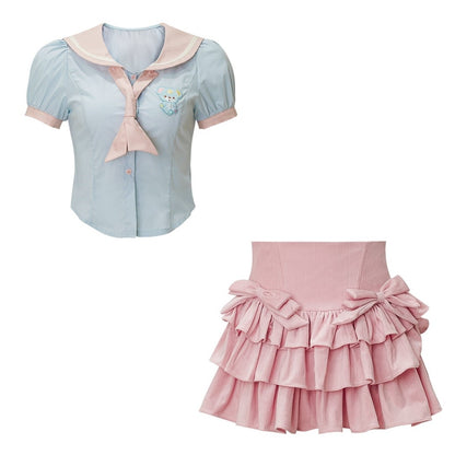 Serendipity Coquette Sweet Sailor Collar Blue Puff Sleeve Shirt & Pink Ruffled Mini Skirt Two Piece Set