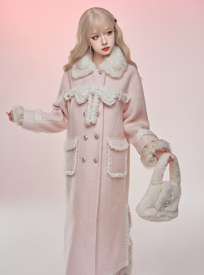 Serendipity Winter Pink Plush Long Woolen Coat & Mini Skirt Two Piece Set