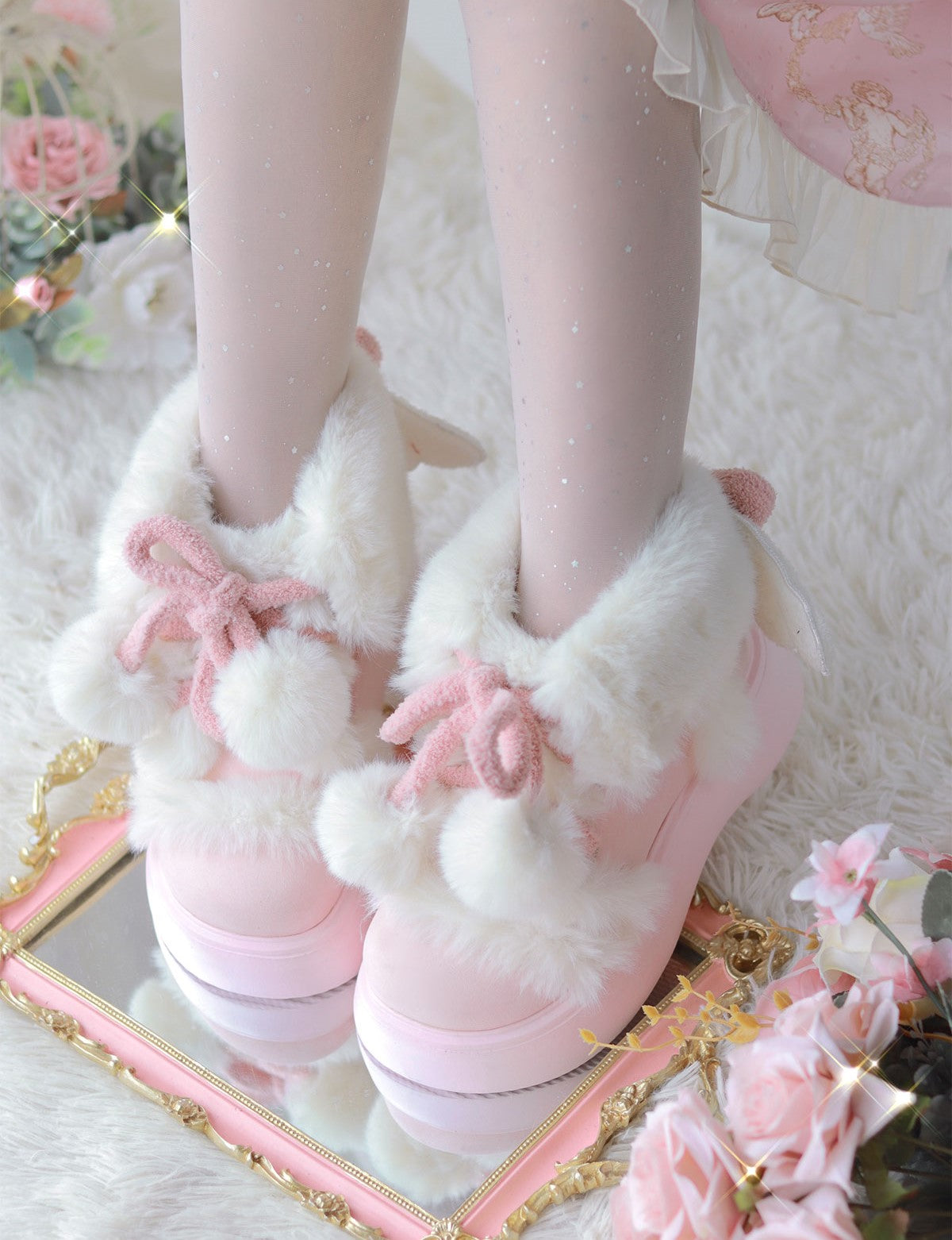 Puffy Sheep Lolita Fluffy Cupid Cute Pompom Balls Winter Fur Velvet Cotton Shoes Snow Boots