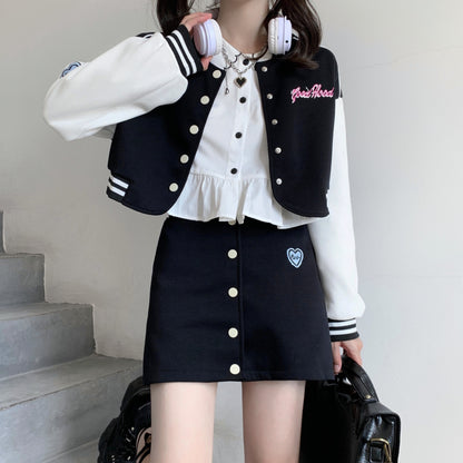 Student Baseball Letter Embroidery Vintage Retro Y2K Jacket Black Denim Short Mini Skirt Two Piece Set
