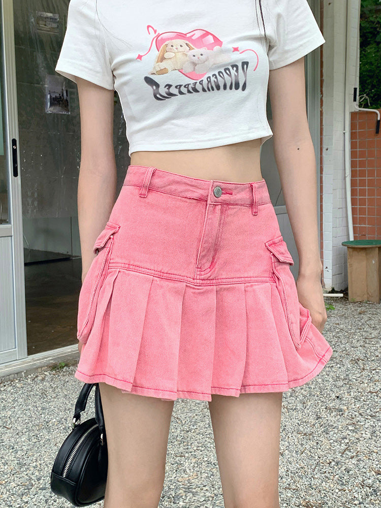 Pink pleated denim skirt best sale