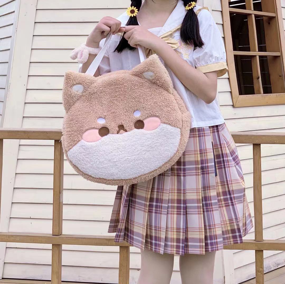 Soft Fluffy Plush Cute Doll Bear Shiba Inu Dog Large Capacity Shoulder Messenger Bag