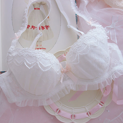 European French Lace Pink White Bow Flower Floral Nature Star Girl Fashion Undies Underwear Two Piece Lingerie Set