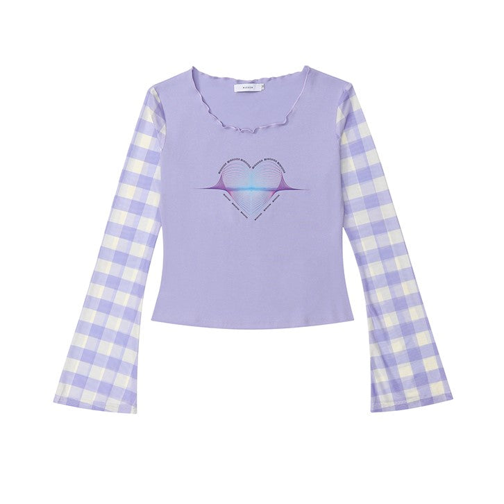 Heart Plaid Sleeve Pastel Y2K Pink Purple Long Sleeve Shirt Top
