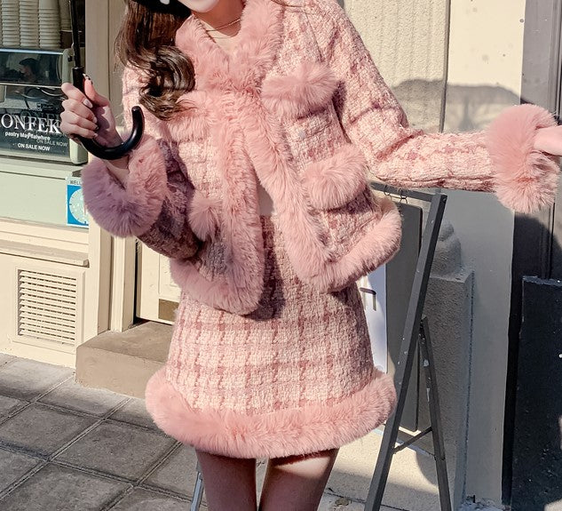 Pink fur on sale trimmed houndstooth jacket