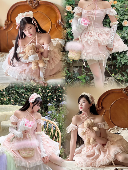 Sweet Fragrance French Balletcore Girl White Pink Coquette Elegant Dress