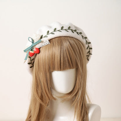 Cute Winter Christmas Strawberry Green Leaves White Beret Hat