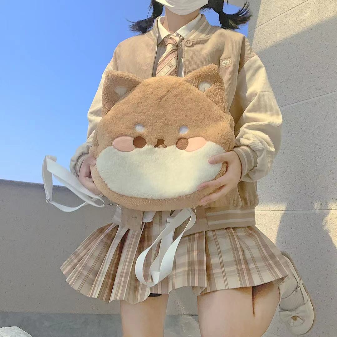 Soft Fluffy Plush Cute Doll Bear Shiba Inu Dog Large Capacity Shoulder Messenger Bag