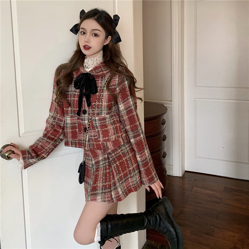 Retro Christmas Festive Girl Women Cute Autumn Fall Winter Fashion Black Ribbon Woolen Red Pleated Skirt Coat Jacket Two piece Set