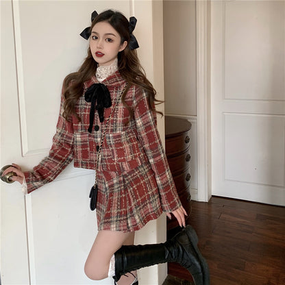 Retro Christmas Festive Girl Women Cute Autumn Fall Winter Fashion Black Ribbon Woolen Red Pleated Skirt Coat Jacket Two piece Set