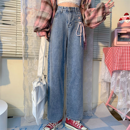 Korean Cute Summer Spring High Waist Cross Pink Strap Bow Loose Wide Trouser Pant Soft Denim Jeans