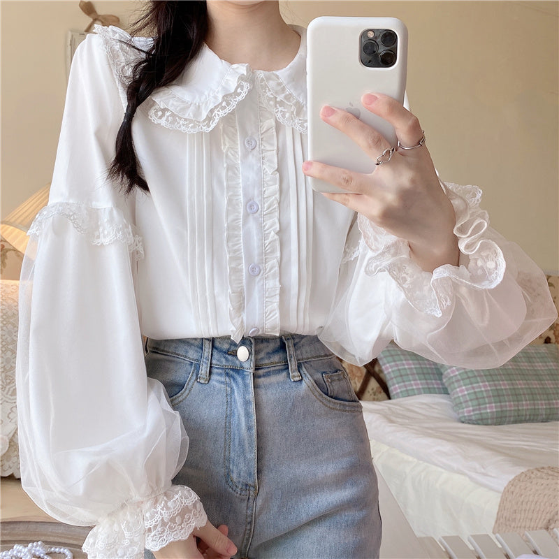 Elegant Lace Cuff Long Sleeve White Japanese Blouses Love Sleeve T Shirts