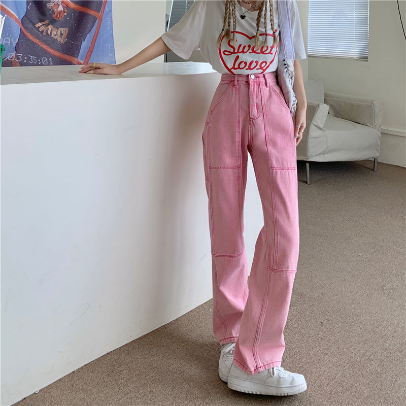 Summer Cute Chic Girl Student High Waist Hot Pastel Line Pink Long Trouser Pant Jeans