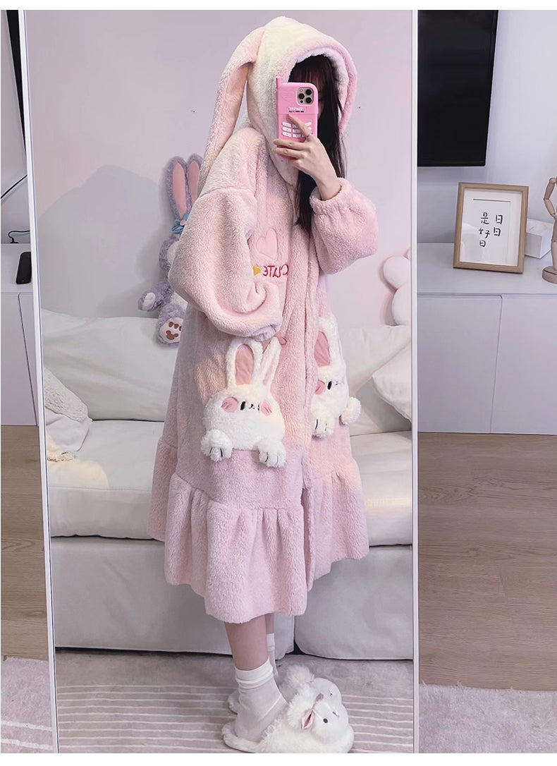 Pink Purple Rabbit Bunny Cute Cartoon Women Girl Thick Plush Coral Fleece Warm Winter Pajamas Sleepwear Hooded Nightgown Coat & Pants Two Piece Set