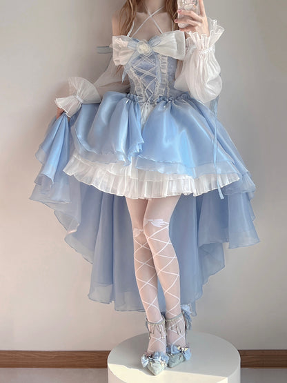 Japanese Girl Princess Corset Sweet Bow Lace Blue White Halter Neck Half Short Half Long Layered Dress