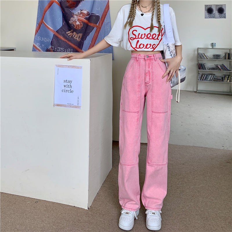 Summer Cute Chic Girl Student High Waist Hot Pastel Line Pink Long Trouser Pant Jeans