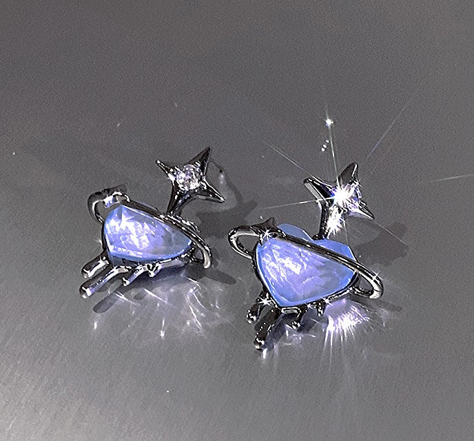 Melting Ice Blue Heart Astral Sparkling Blue Silver Earrings