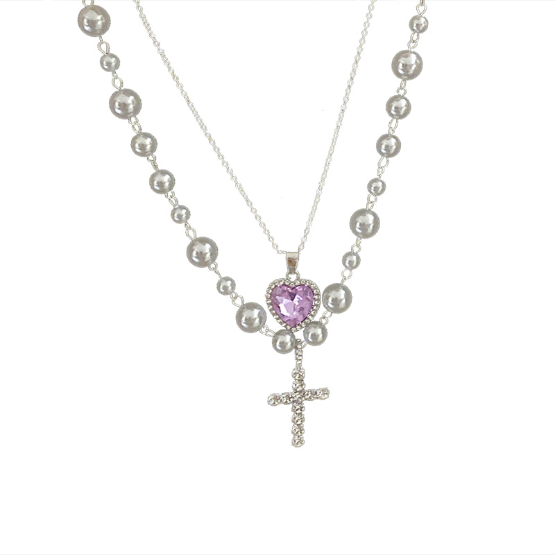 European French Double Layered Cross Love Heart Pearl Violet Purple Gemstone Pendant Necklace