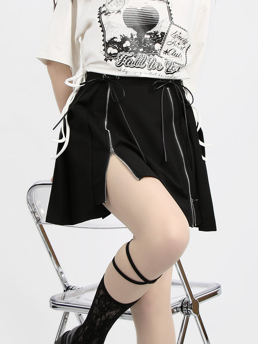 Punk Rock Goth Girl Midnight Waltz Zipper Zipped Up High Waist Black Mini Short Skirt
