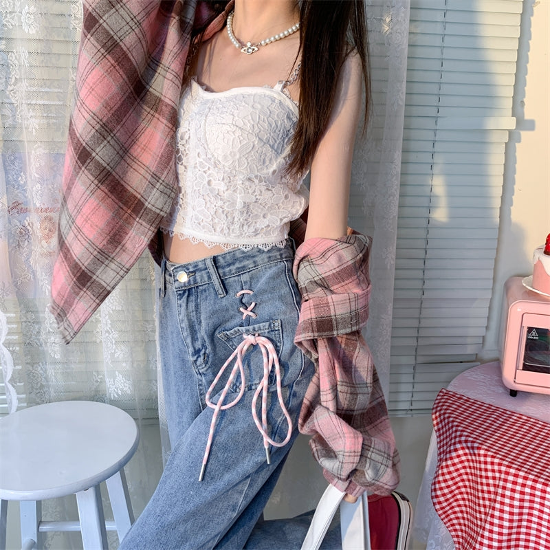 Korean Cute Summer Spring High Waist Cross Pink Strap Bow Loose Wide Trouser Pant Soft Denim Jeans