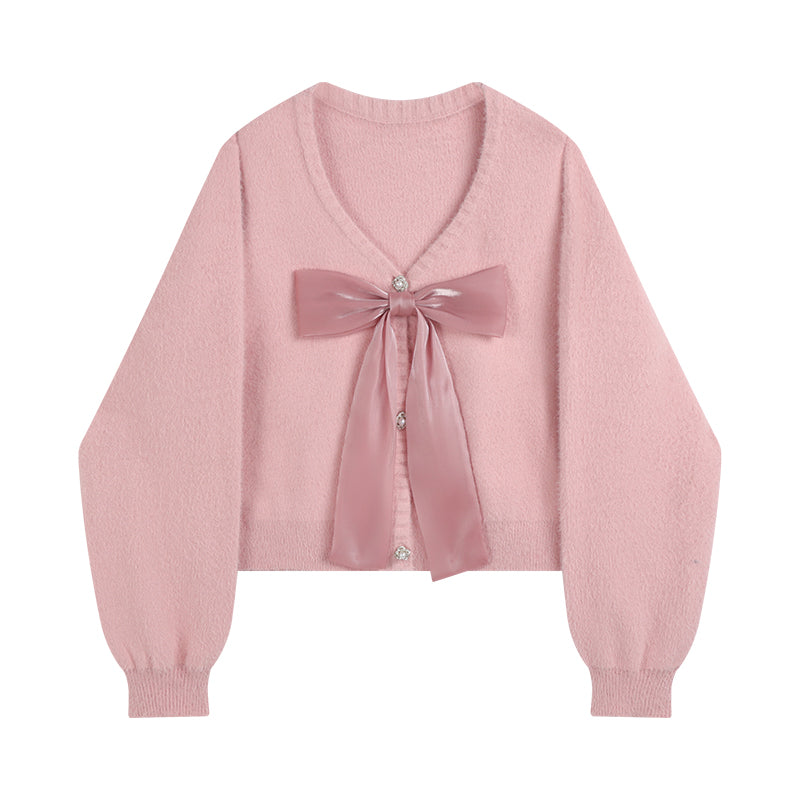 Korean Winter Sweet Soft Bow Ribbon Pink Sweater Cardigan