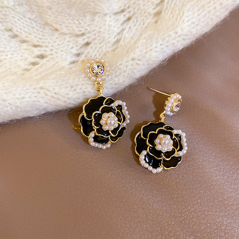 White Black Rose Camellia Flower Pearl Gem Diamond Classic Fairy Tales Princess Jewelry Earrings