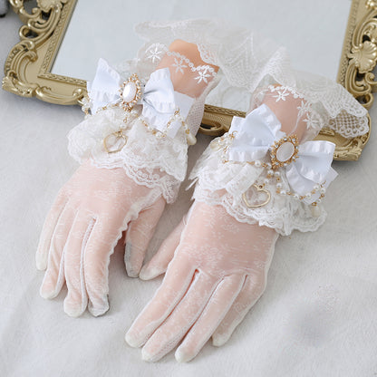 Elegant Pretty Lace Bow Diamond Gemstone Gloves