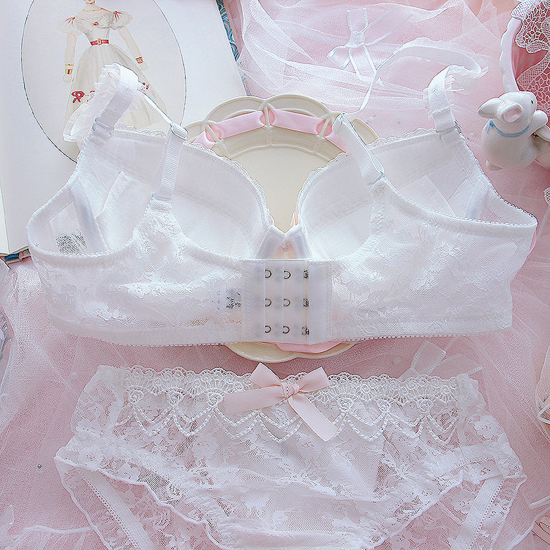 European French Lace Pink White Bow Flower Floral Nature Star Girl Fashion Undies Underwear Two Piece Lingerie Set