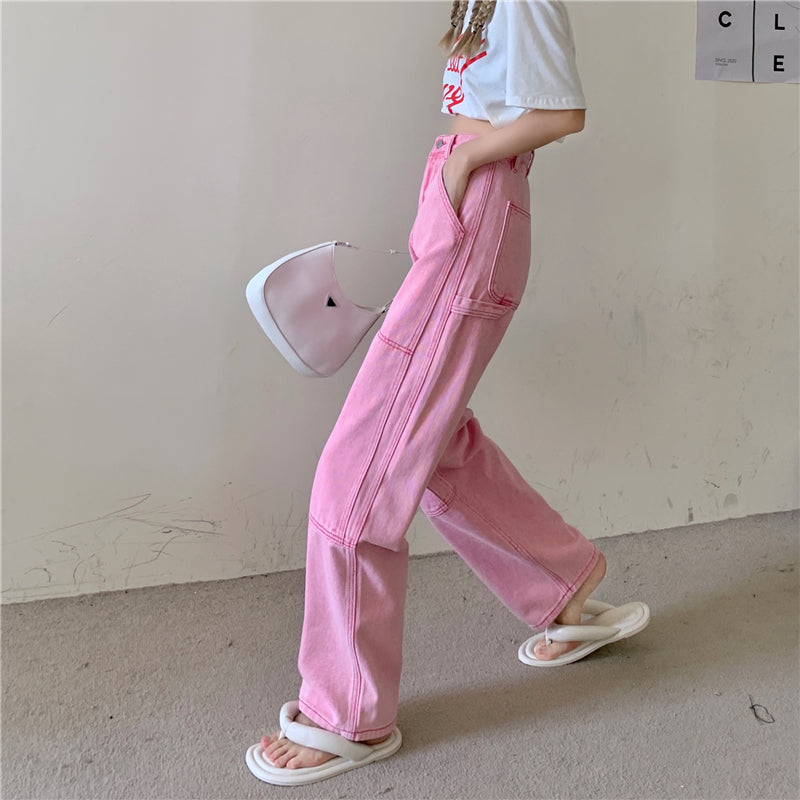 Summer Cute Chic Girl Student High Waist Hot Pastel Line Pink Long Trouser Pant Jeans