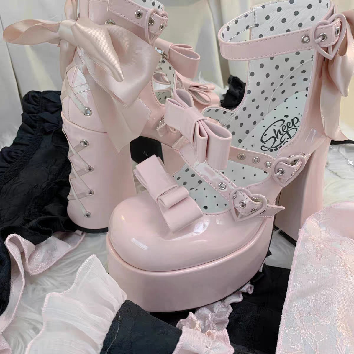 French Girl Heart Cross Bow Classic Japanese Fashion Women Platform Bow High Heels Shoes