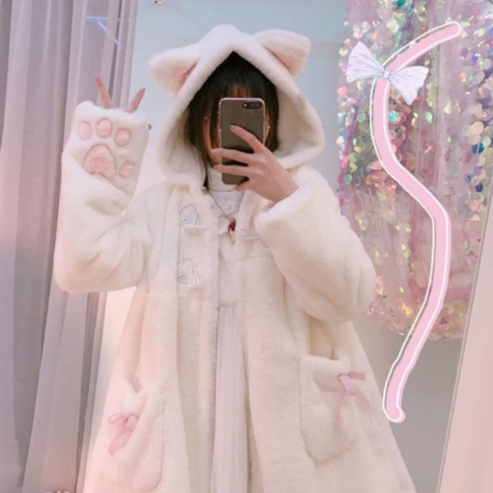 Japanese Cute Autumn Winter Soft Plush Velvet Girl Neko Ear Pink Cat Paw White Loose Coat