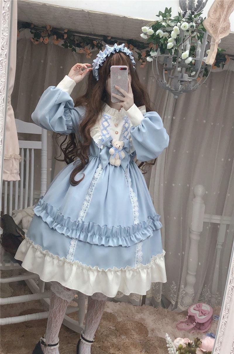 Plus Size Women Japanese Doll Cute Fairytale Princess Chocolate Brown & Sky Blue Long Sleeve Dress
