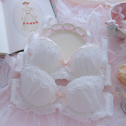 European French Lace Pink White Bow Flower Floral Nature Star Girl Fashion Undies Underwear Two Piece Lingerie Set