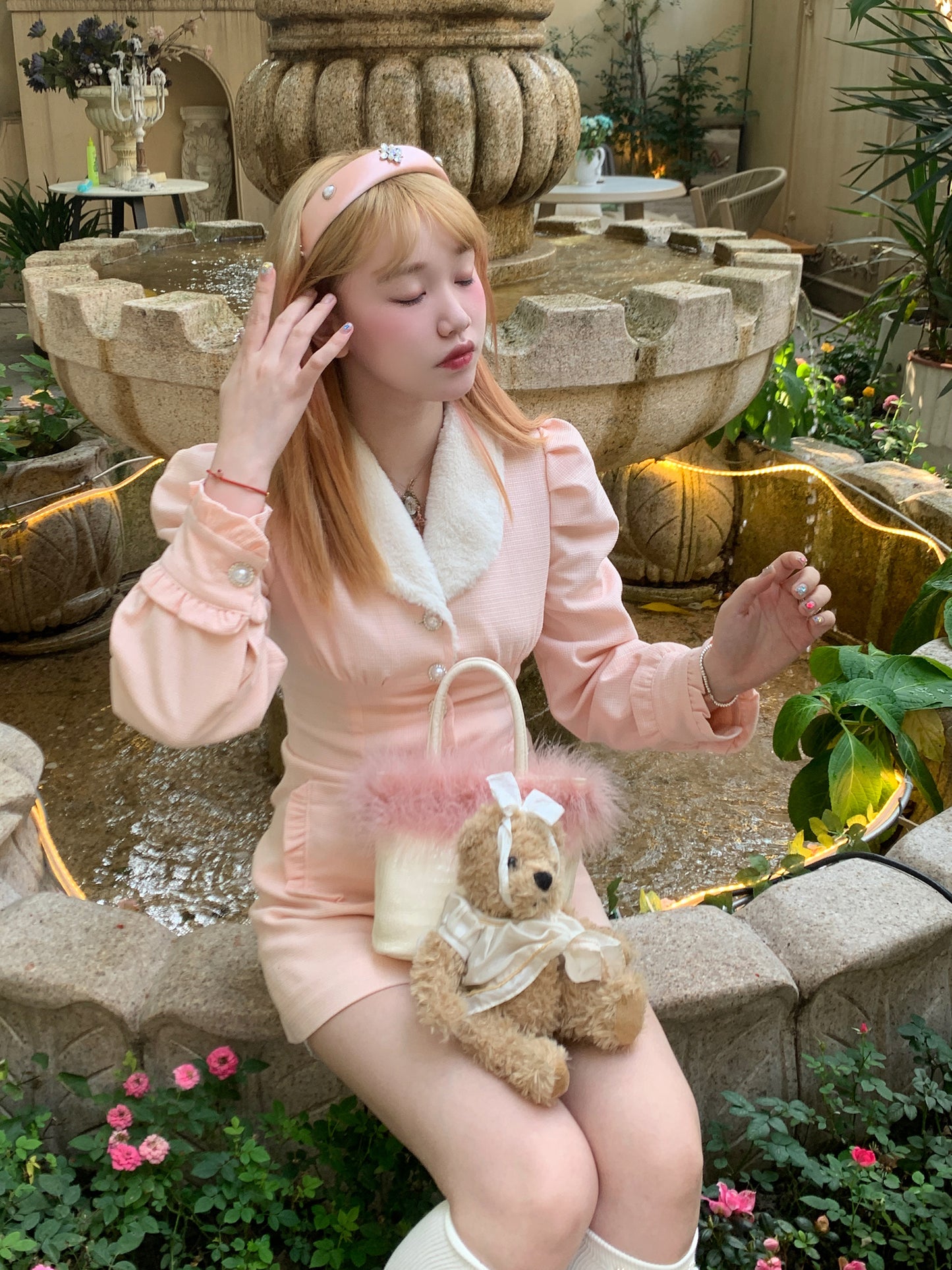 Picnic Girl Cute Fluffy Fur Collar Wrist Puff Sleeve Orose Pink Jacket Dress